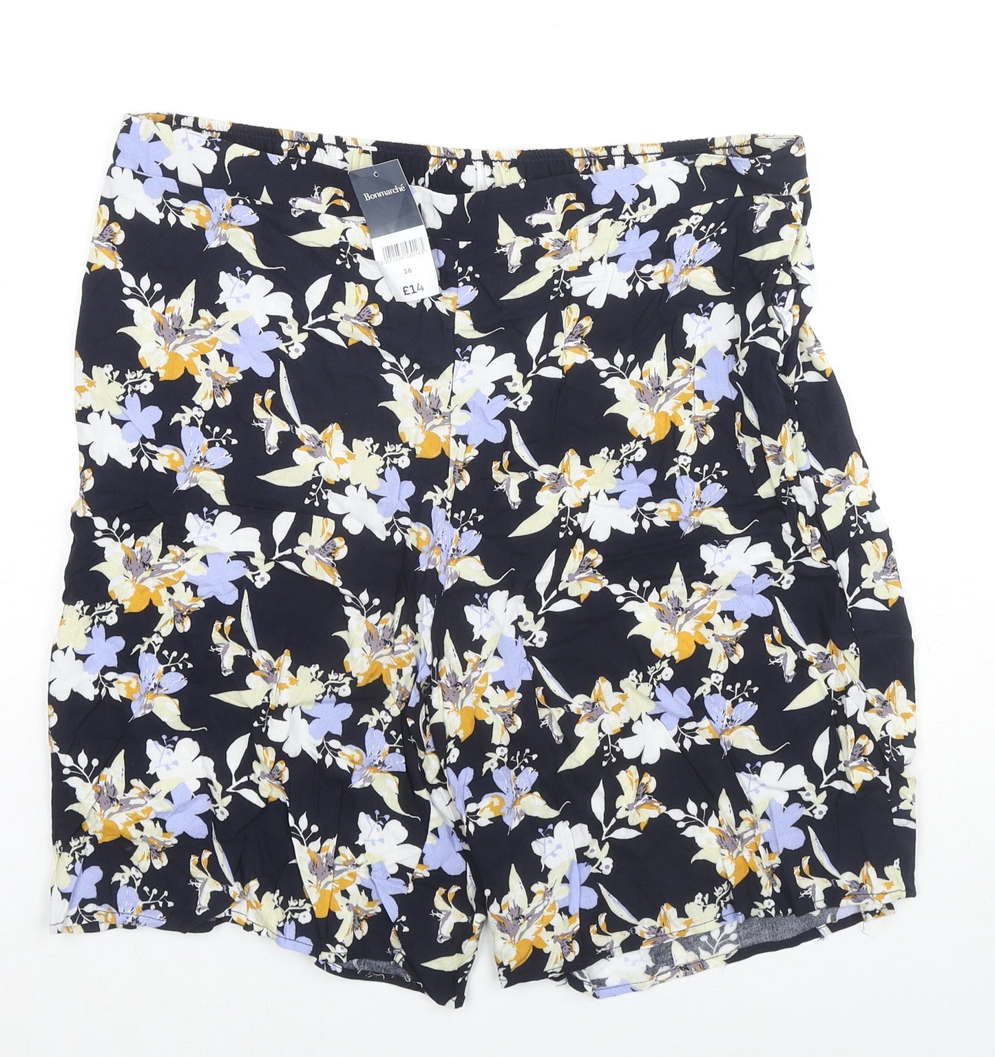 Bonmarché Womens Black Floral Viscose Basic Shorts Size 16 L8 in Regular Pull On