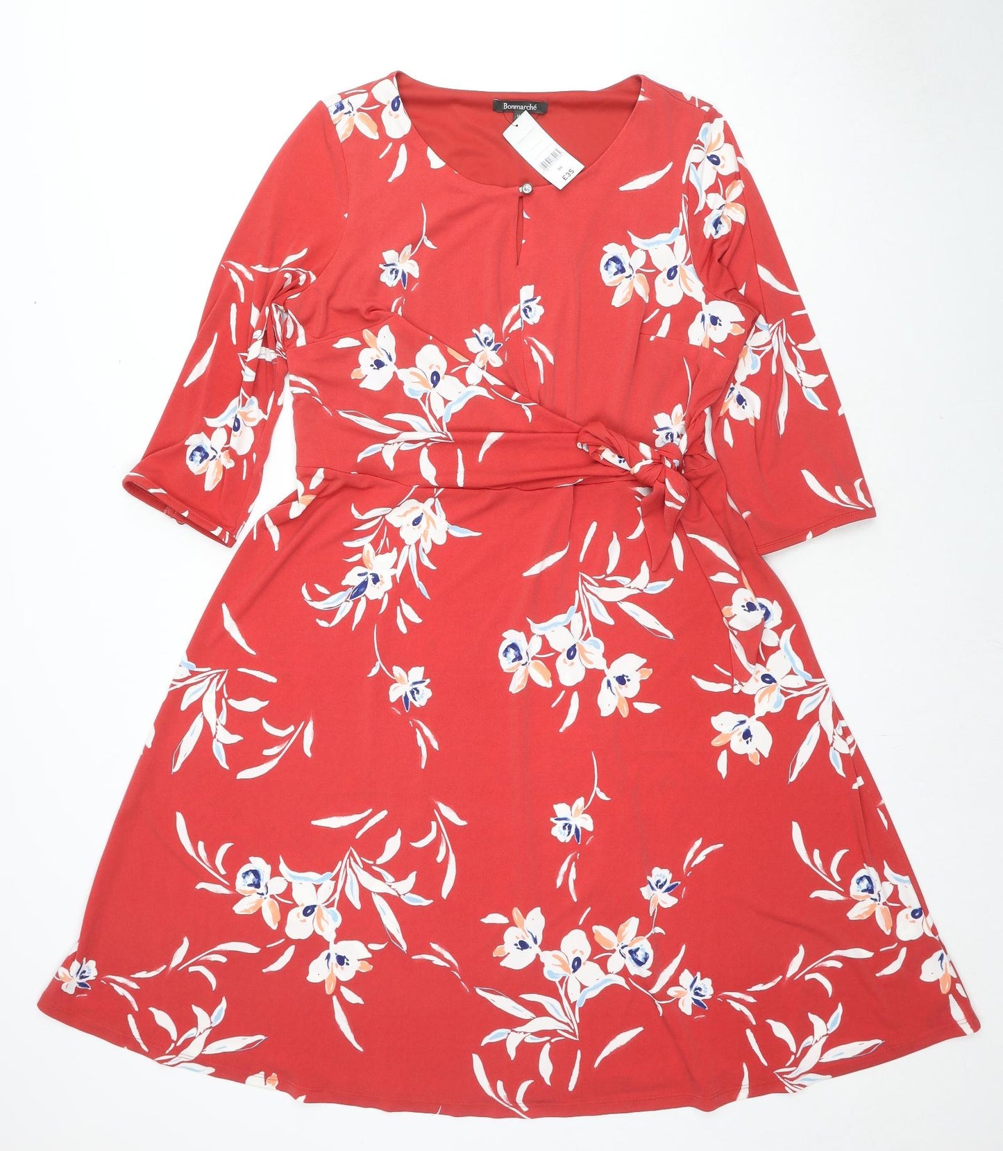 Bonmarché Womens Red Floral Polyester A-Line Size 16 Boat Neck Pullover