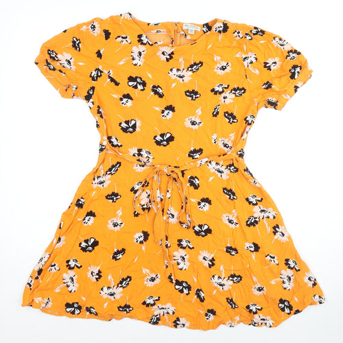 Miss Selfridge Womens Yellow Floral Viscose Skater Dress Size 10 Boat Neck Zip