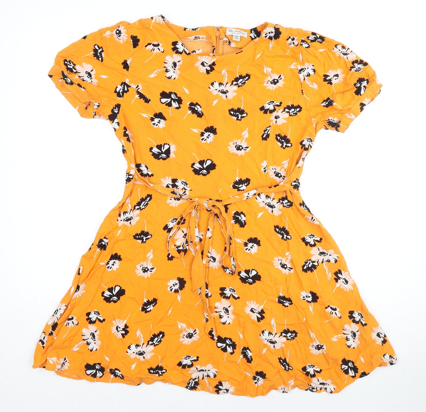 Miss Selfridge Womens Yellow Floral Viscose Skater Dress Size 10 Boat Neck Zip