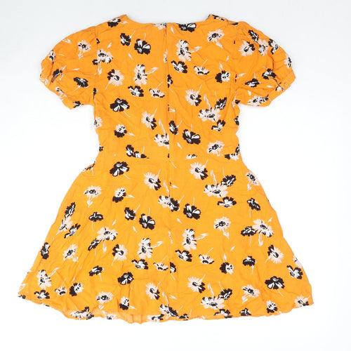 Miss Selfridge Womens Yellow Floral Viscose Skater Dress Size 10 Boat Neck Zip