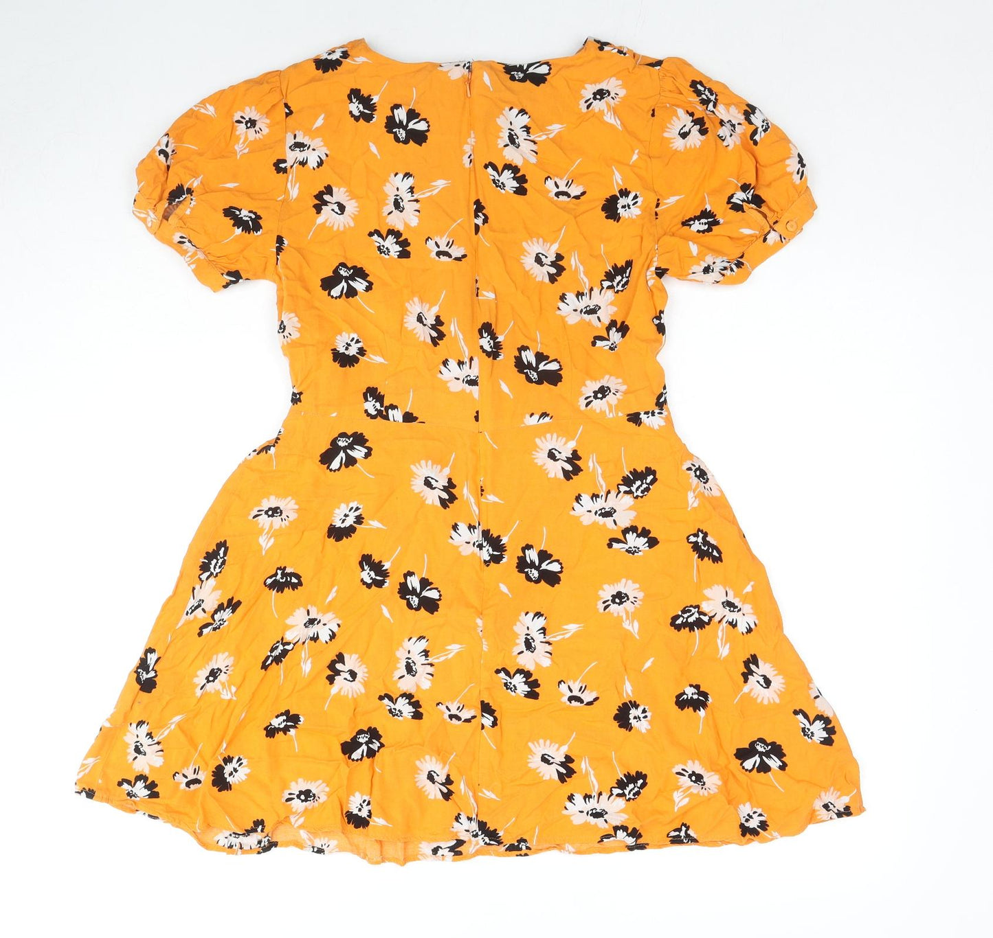 Miss Selfridge Womens Yellow Floral Viscose Skater Dress Size 10 Boat Neck Zip
