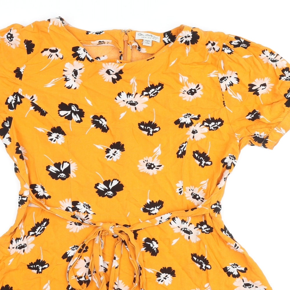 Miss Selfridge Womens Yellow Floral Viscose Skater Dress Size 10 Boat Neck Zip