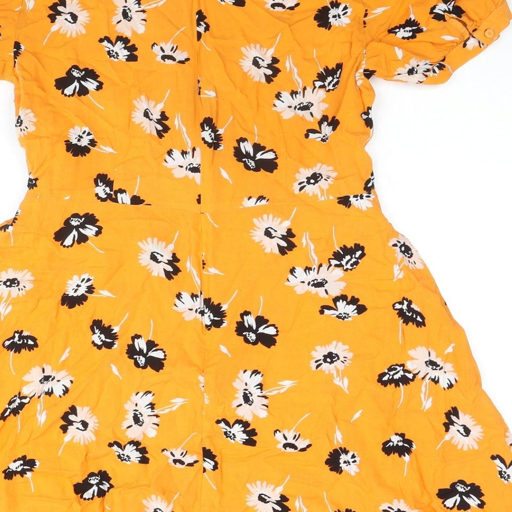 Miss Selfridge Womens Yellow Floral Viscose Skater Dress Size 10 Boat Neck Zip
