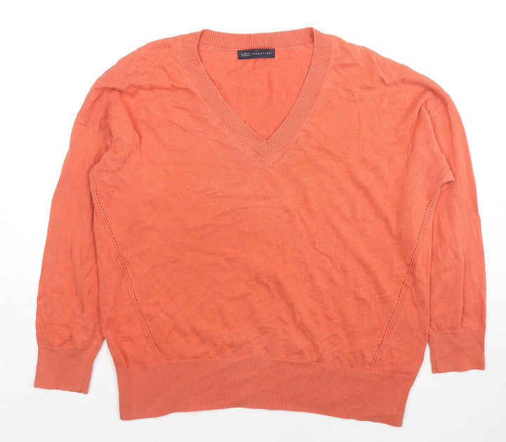 Marks and Spencer Womens Orange V-Neck Cotton Pullover Jumper Size M