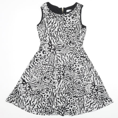 Rare Womens Multicoloured Animal Print Polyester Fit & Flare Size 8 Boat Neck Zip