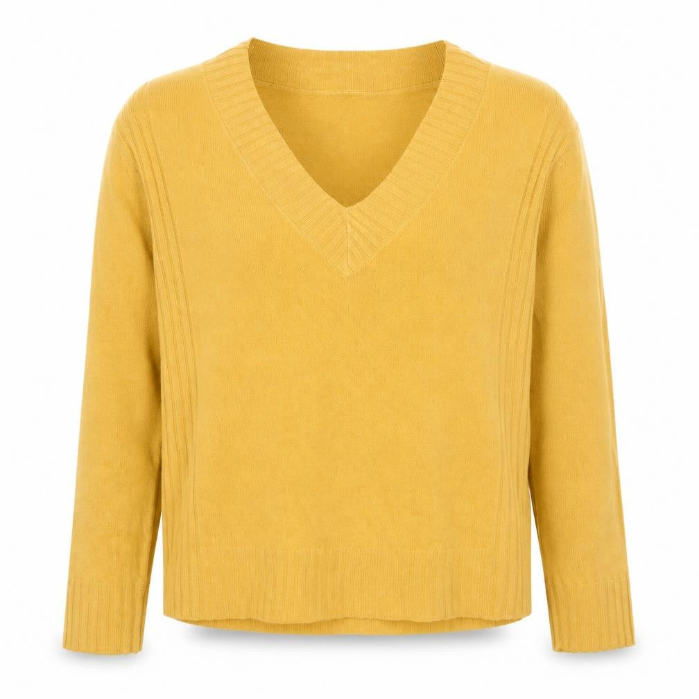 Front view of Next women’s yellow v-neck acrylic jumper, size UK 8