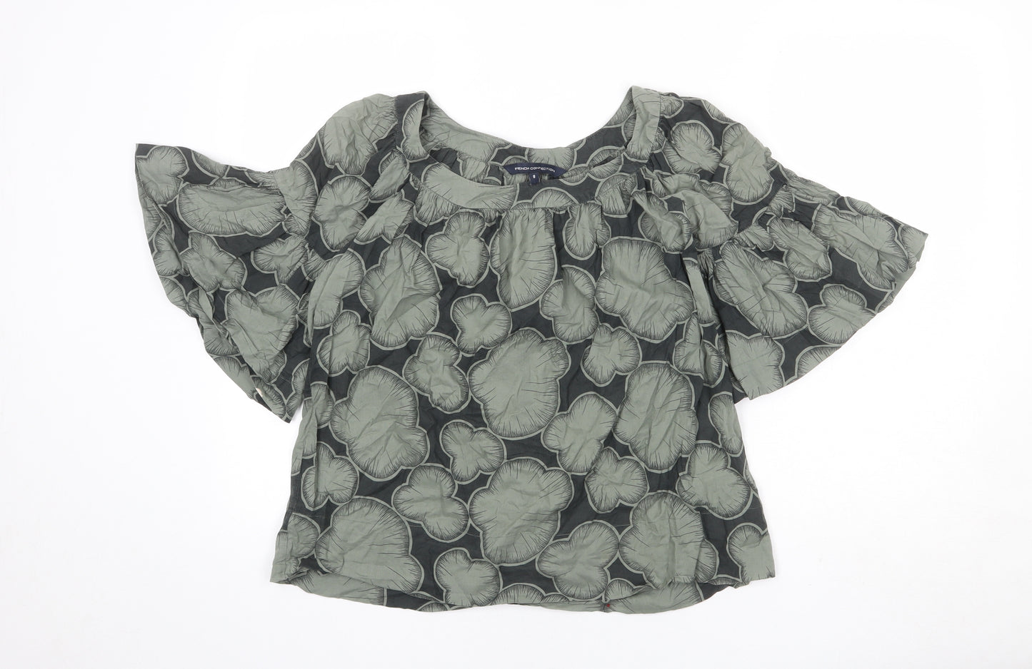 French Connection Womens Green Geometric 100% Cotton Basic Blouse Size 8 Round Neck