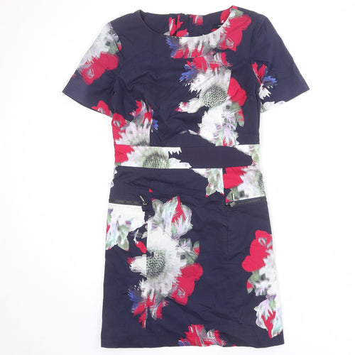 French Connection Womens Blue Geometric Cotton Shift Size 10 Round Neck Zip