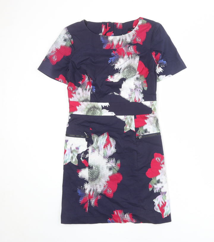 French Connection Womens Blue Geometric Cotton Shift Size 10 Round Neck Zip