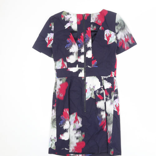 French Connection Womens Blue Geometric Cotton Shift Size 10 Round Neck Zip