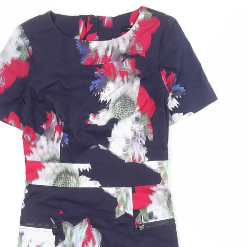 French Connection Womens Blue Geometric Cotton Shift Size 10 Round Neck Zip