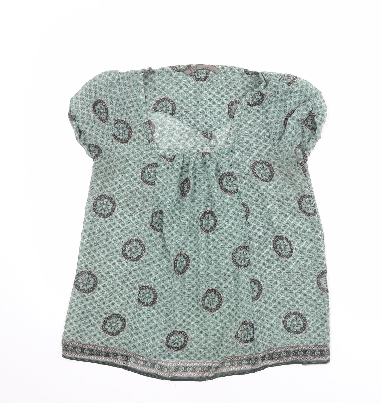 Zara Womens Multicoloured Geometric Polyester Basic T-Shirt Size S Square Neck