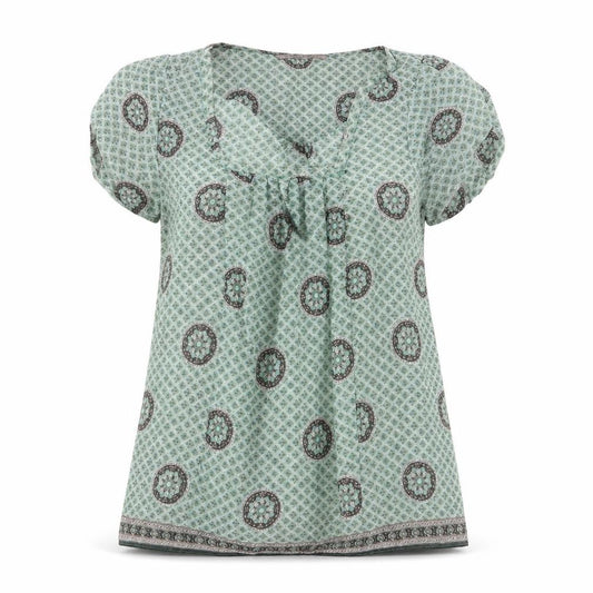 Front view of Zara women’s multicoloured geometric polyester basic t-shirt, size S, square neck