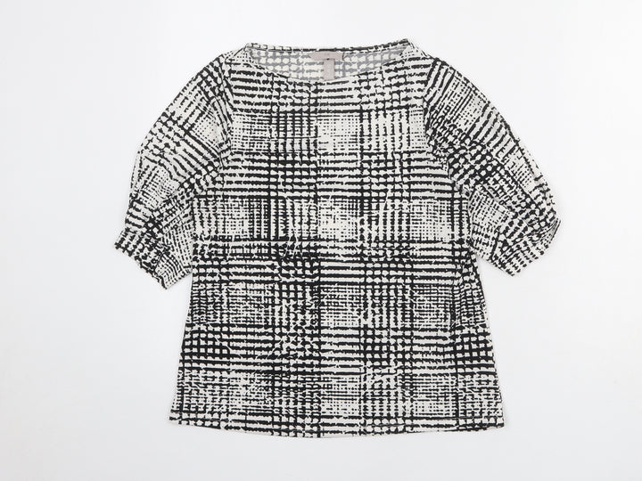H&M Womens Black Check Polyester Basic T-Shirt Size XS Round Neck
