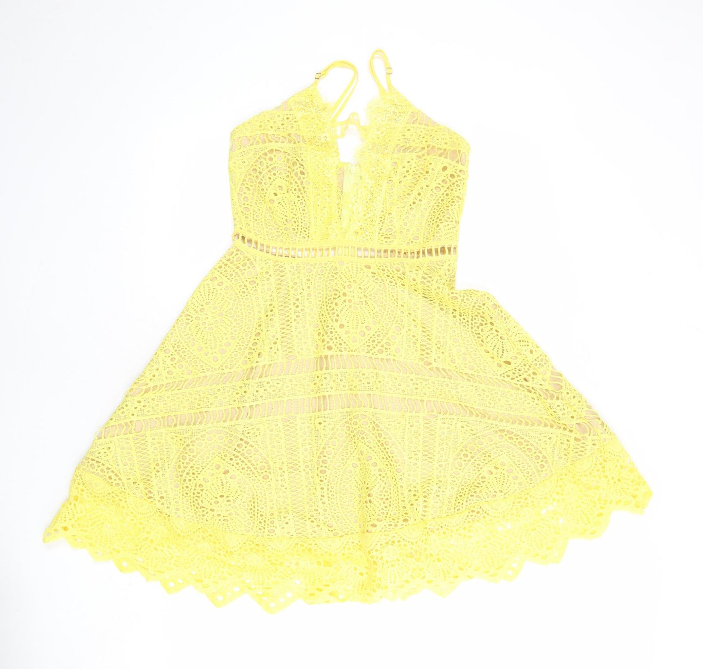 PRETTYLITTLETHING Womens Yellow Geometric Polyester Fit & Flare Size 8 V-Neck Zip