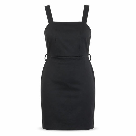Front view of Select women’s black polyester pinafore/dungaree dress, size UK 10, square neck pullover