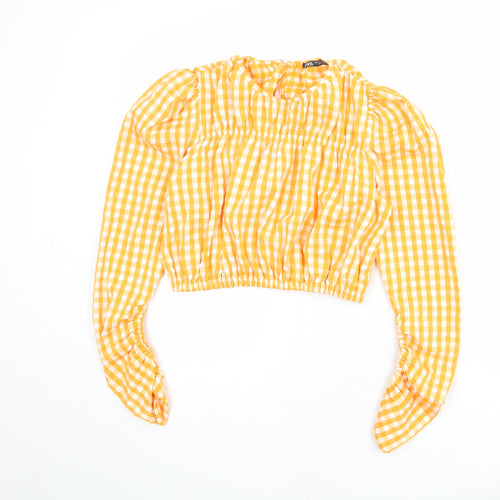 Zara Womens Orange Check Viscose Basic Blouse Size S Round Neck