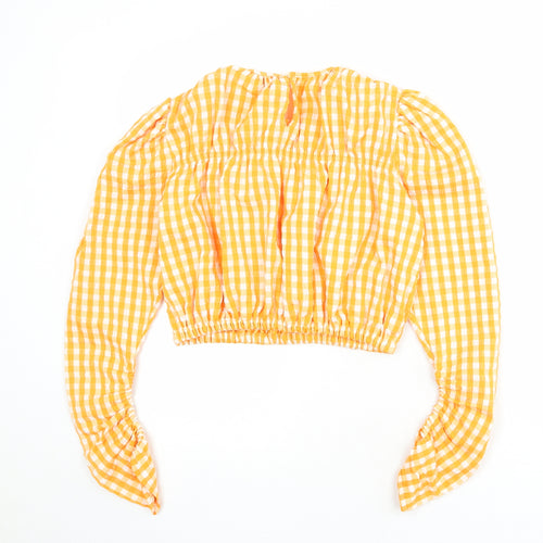 Zara Womens Orange Check Viscose Basic Blouse Size S Round Neck