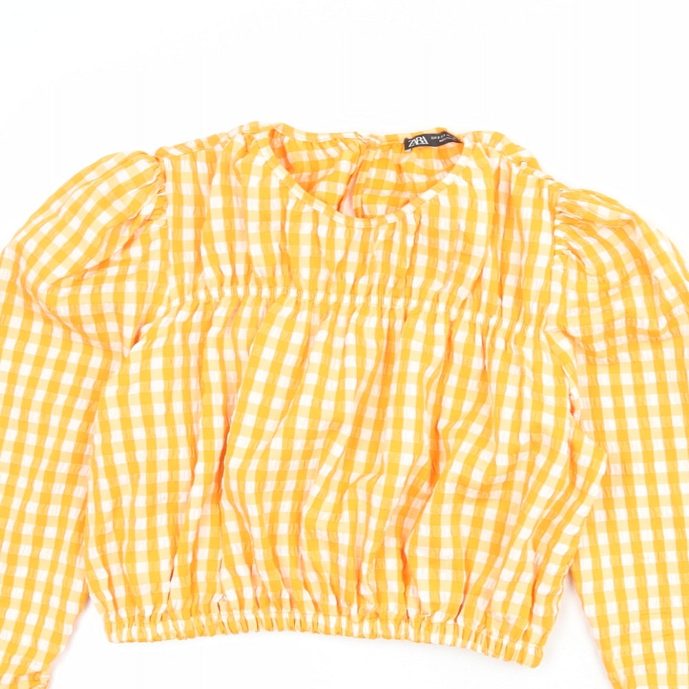 Zara Womens Orange Check Viscose Basic Blouse Size S Round Neck