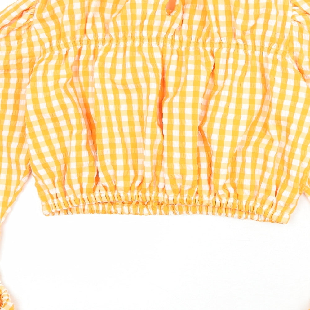 Zara Womens Orange Check Viscose Basic Blouse Size S Round Neck