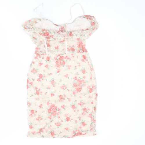 Bershka Womens Beige Floral Polyester Slip Dress Size S Round Neck Pullover
