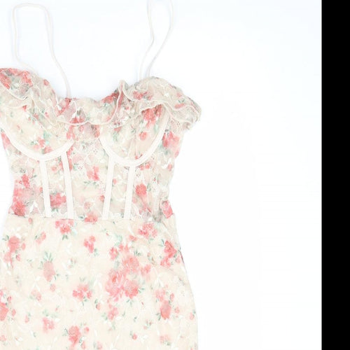 Bershka Womens Beige Floral Polyester Slip Dress Size S Round Neck Pullover