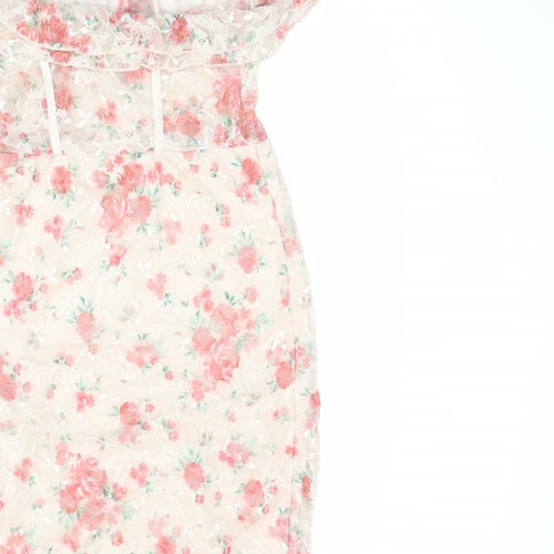 Bershka Womens Beige Floral Polyester Slip Dress Size S Round Neck Pullover