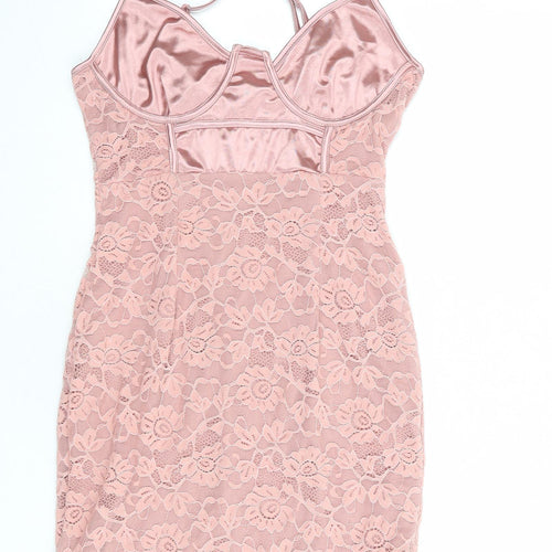 PRETTYLITTLETHING Womens Pink Floral Polyester Bodycon Size 10 Sweetheart Zip