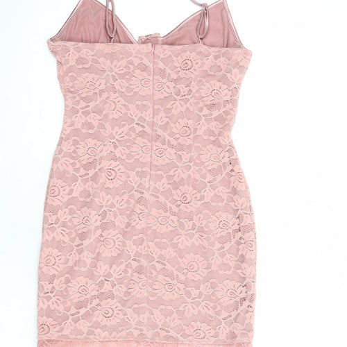 PRETTYLITTLETHING Womens Pink Floral Polyester Bodycon Size 10 Sweetheart Zip