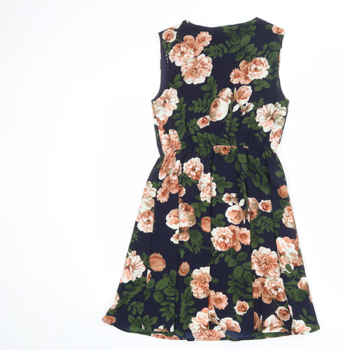 Mela London Womens Blue Floral Polyester Shift Size 8 V-Neck Pullover