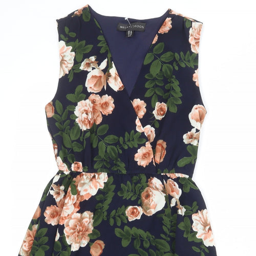 Mela London Womens Blue Floral Polyester Shift Size 8 V-Neck Pullover
