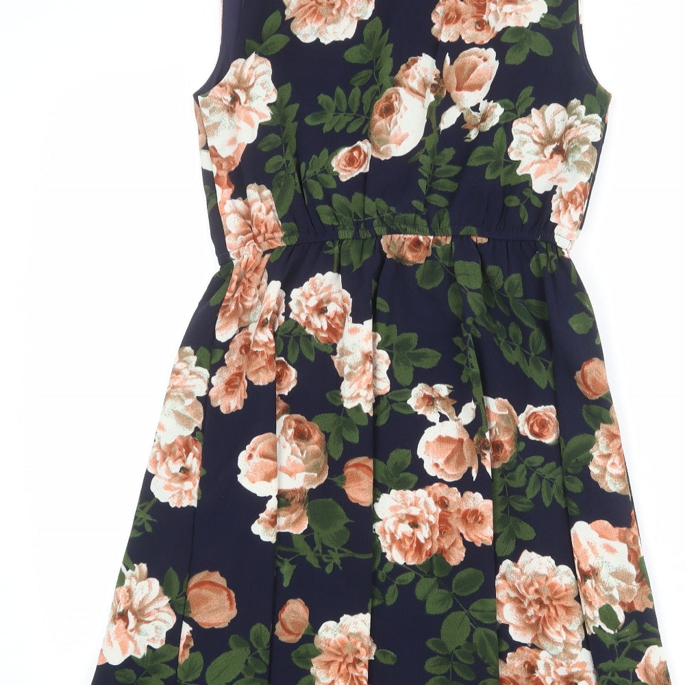 Mela London Womens Blue Floral Polyester Shift Size 8 V-Neck Pullover