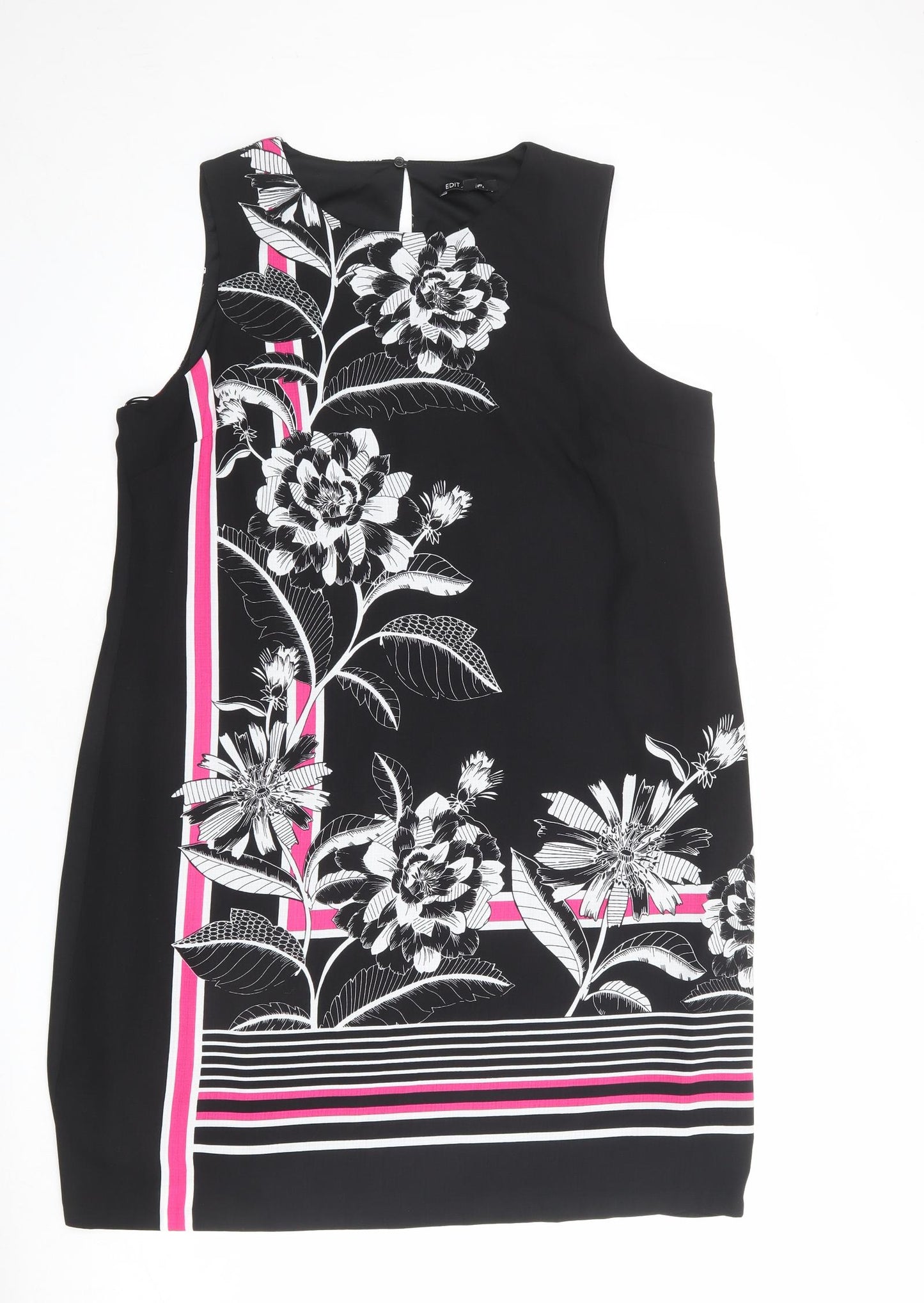 EDIT Womens Black Floral Polyester Shift Size 16 Round Neck Button