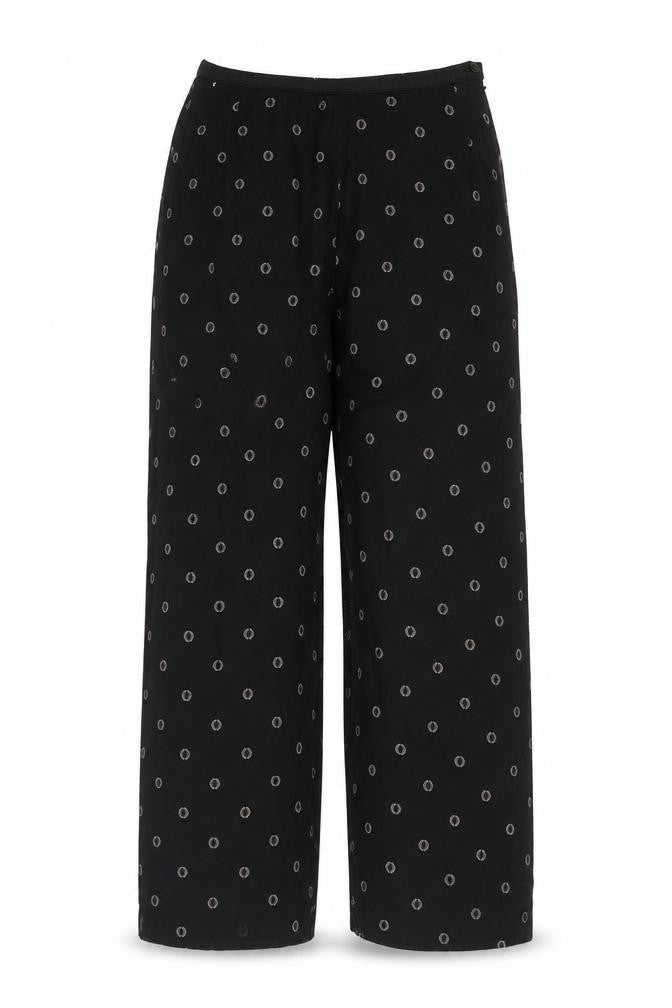 Front view of St Michael women’s black geometric viscose trousers, size UK 8, 24-inch leg regular zip
