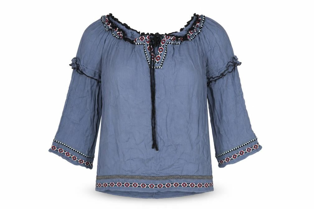 Front view of River Island women’s blue viscose basic blouse, size UK 8, boat neck