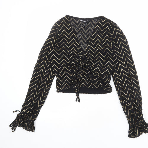 New Look Womens Black Herringbone Nylon Basic Blouse Size 8 V-Neck