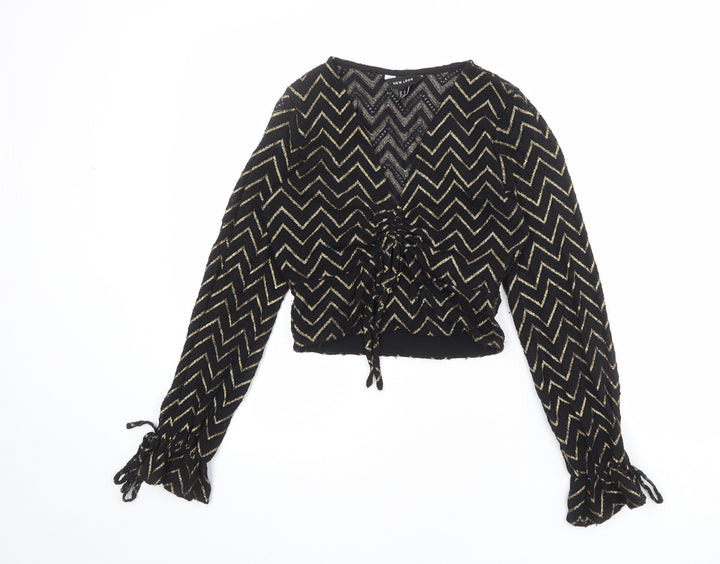 New Look Womens Black Herringbone Nylon Basic Blouse Size 8 V-Neck