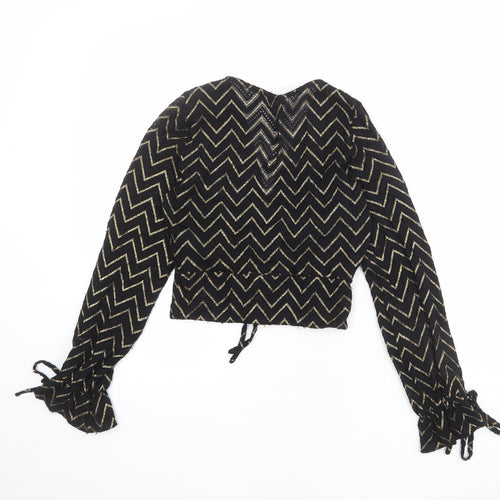 New Look Womens Black Herringbone Nylon Basic Blouse Size 8 V-Neck
