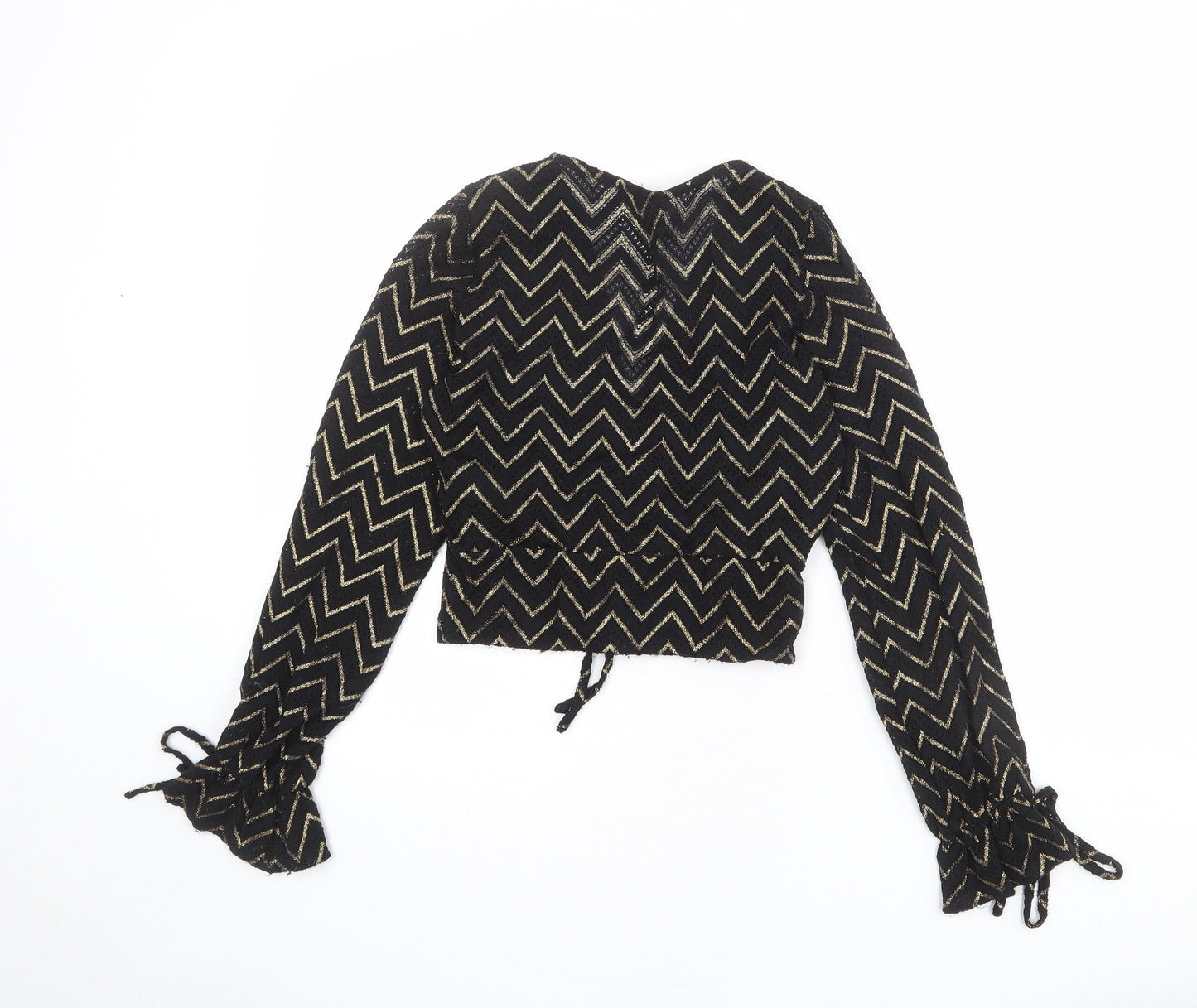 New Look Womens Black Herringbone Nylon Basic Blouse Size 8 V-Neck