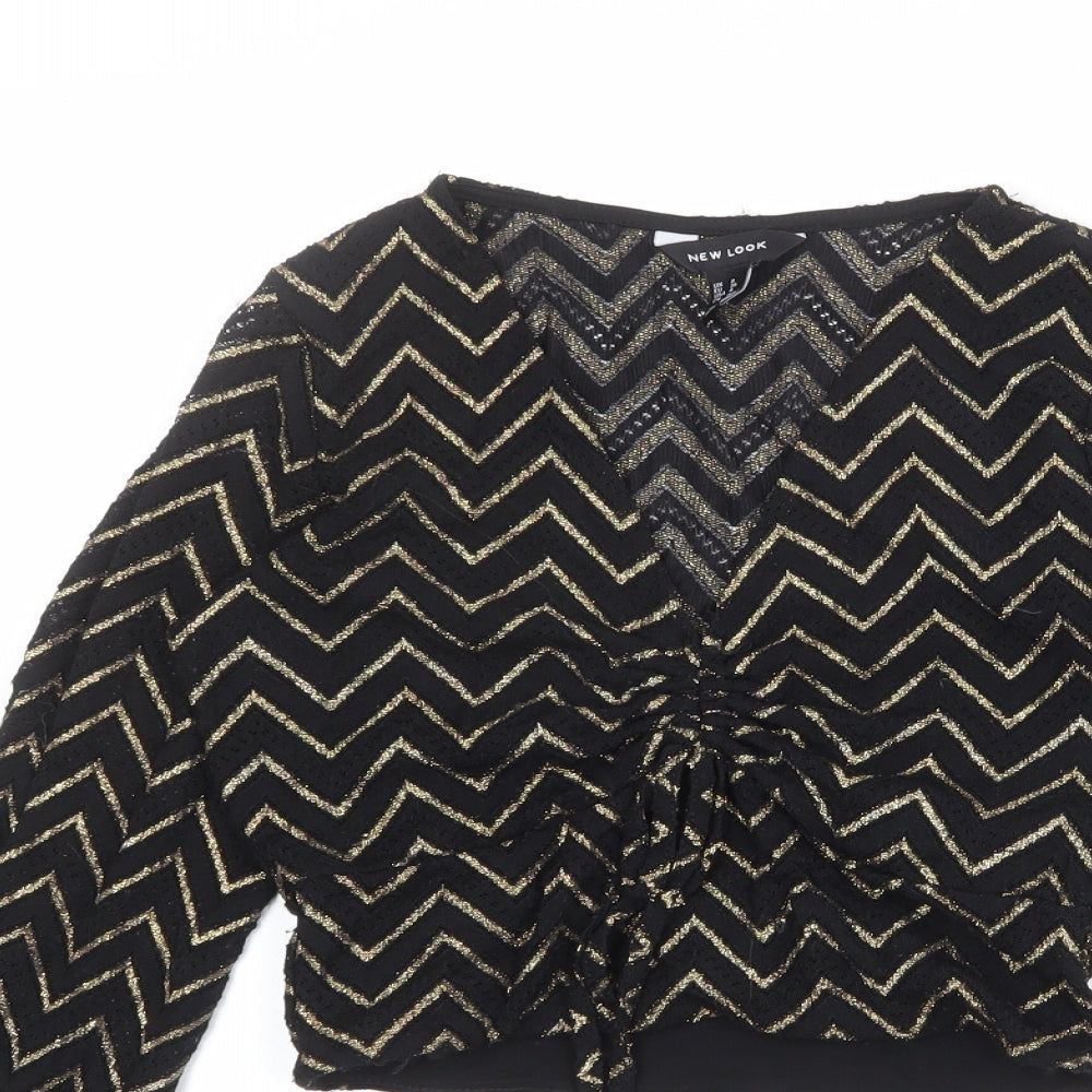 New Look Womens Black Herringbone Nylon Basic Blouse Size 8 V-Neck