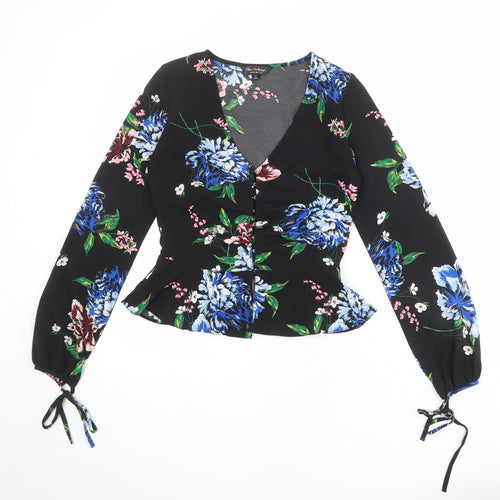 Dorothy Perkins Womens Black Floral Polyester Basic Blouse Size 6 V-Neck