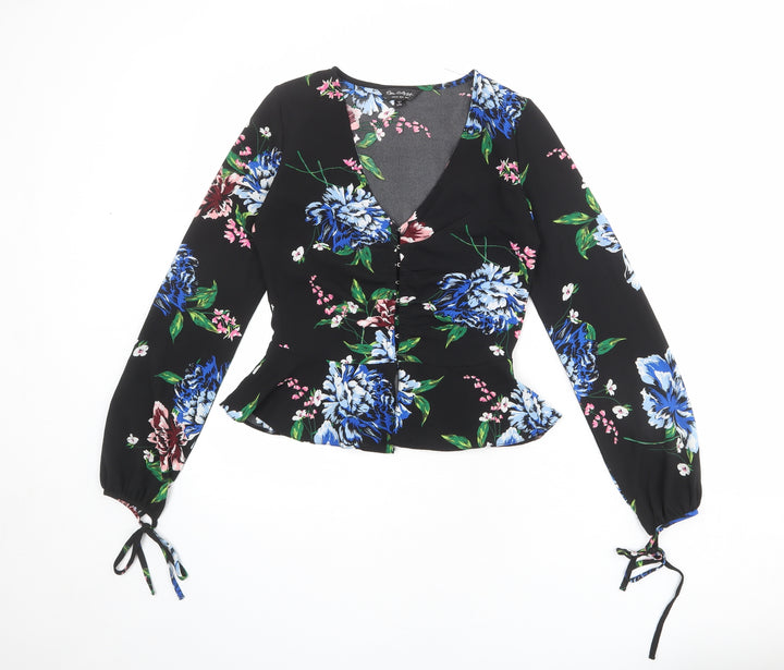 Dorothy Perkins Womens Black Floral Polyester Basic Blouse Size 6 V-Neck