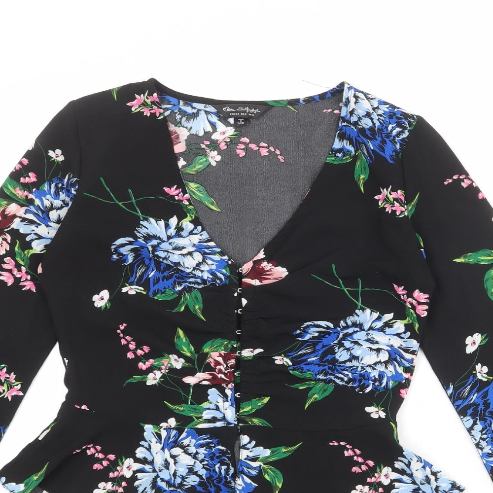 Dorothy Perkins Womens Black Floral Polyester Basic Blouse Size 6 V-Neck