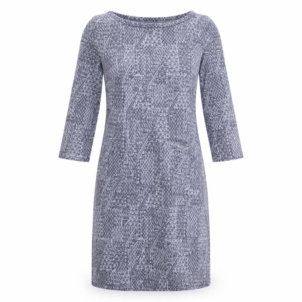 Front view of Per Una women’s blue geometric polyester a-line, size UK 8, boat neck pullover