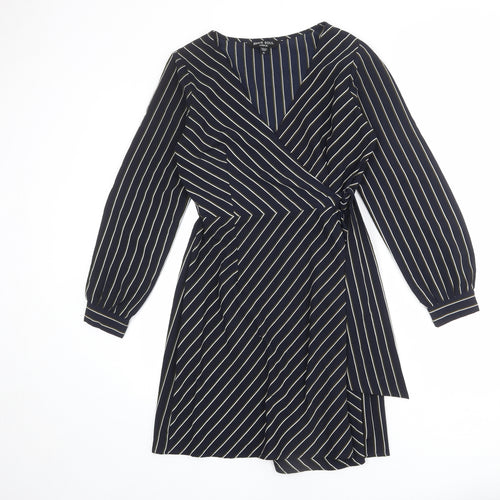 Brave Soul Womens Blue Striped Polyester Wrap Dress Size S V-Neck Tie