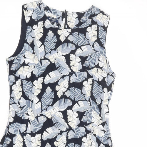 Maine New England Womens Blue Geometric Cotton Shift Size 14 Round Neck Zip - Leaf pattern