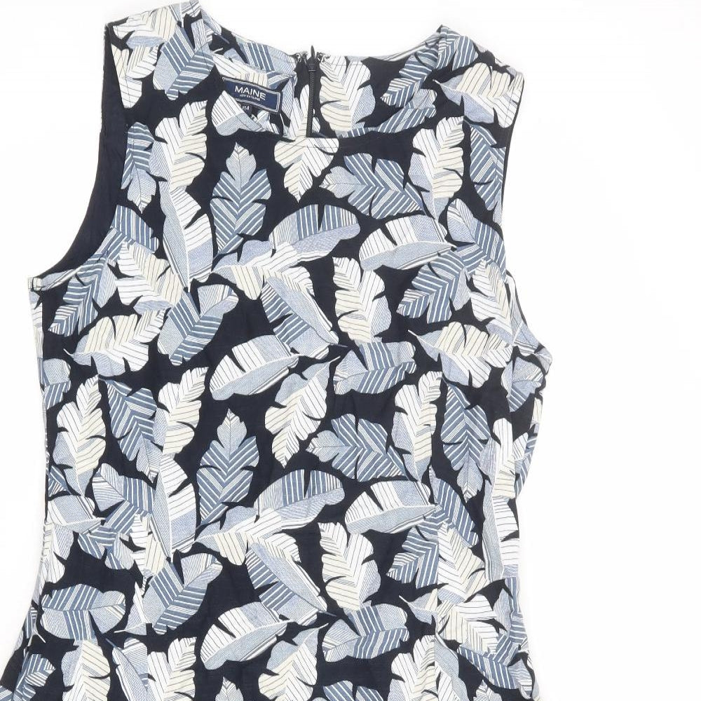 Maine New England Womens Blue Geometric Cotton Shift Size 14 Round Neck Zip - Leaf pattern