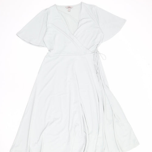 H&M Womens Blue Polyester Wrap Dress Size S V-Neck Tie - Butterfly Sleeves