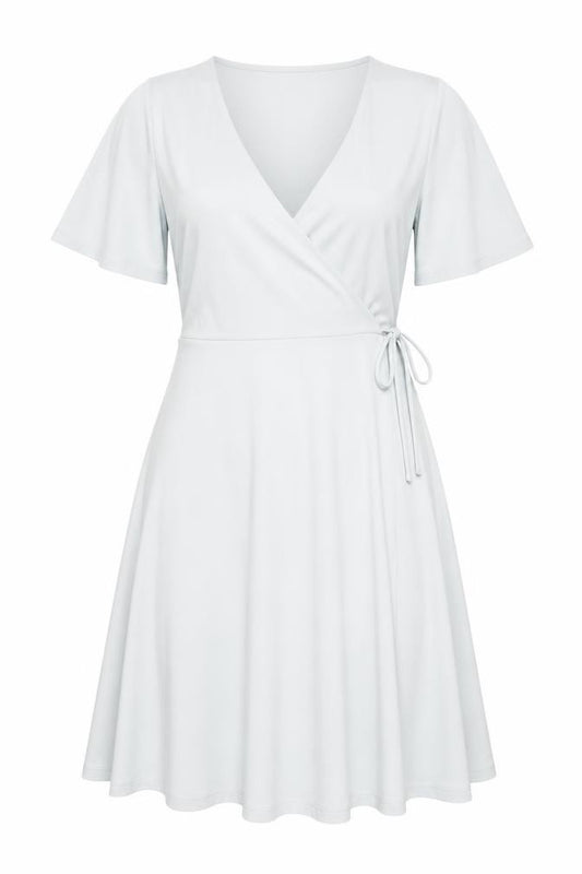 Front view of H&M women’s blue polyester wrap dress, size S, v-neck tie - butterfly sleeves
